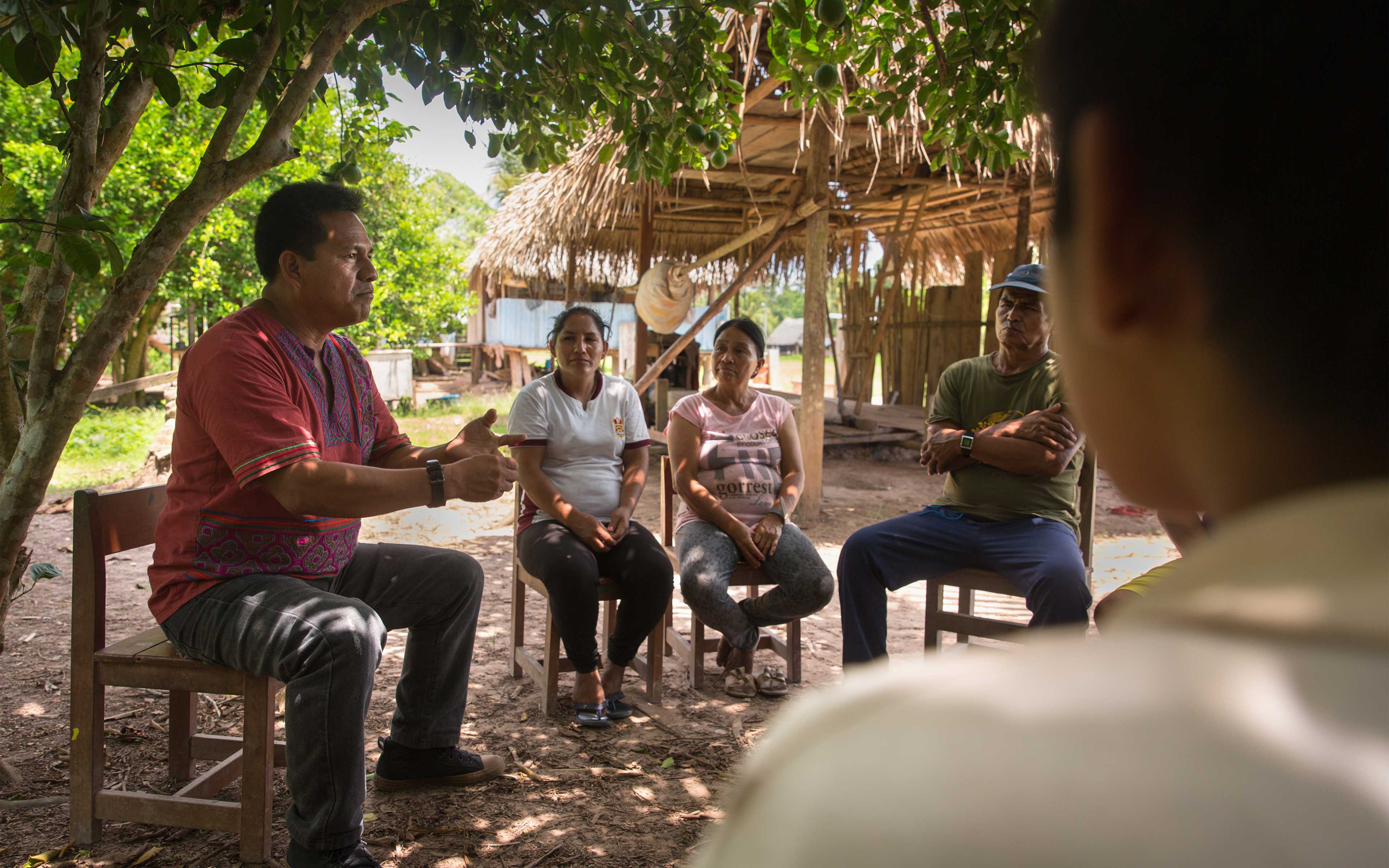 Robert Guimaraes, leader of the Federation of Native Communities of Ucayalli (known as FECONAU), at a community meeting in Santa Clara de Uchunya. He says since the Ocho Sur plantation began clearing the forest four years ago, “we’ve received death threats, and all sorts of accusations against me and others in the media.”